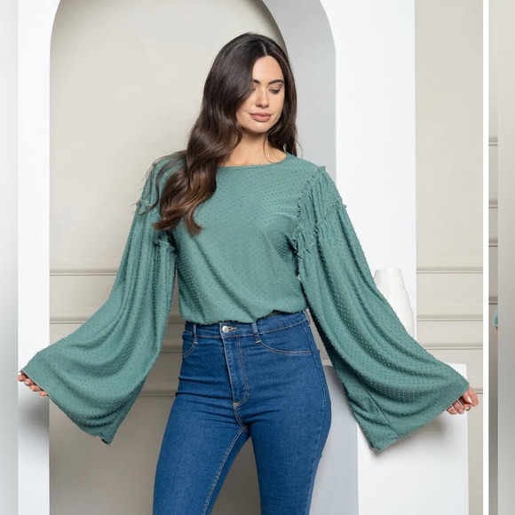 Peach Love Bell Long Sleeve Swiss Dot Open Back Bodysuit Preppy Fall - Picture 2 of 5